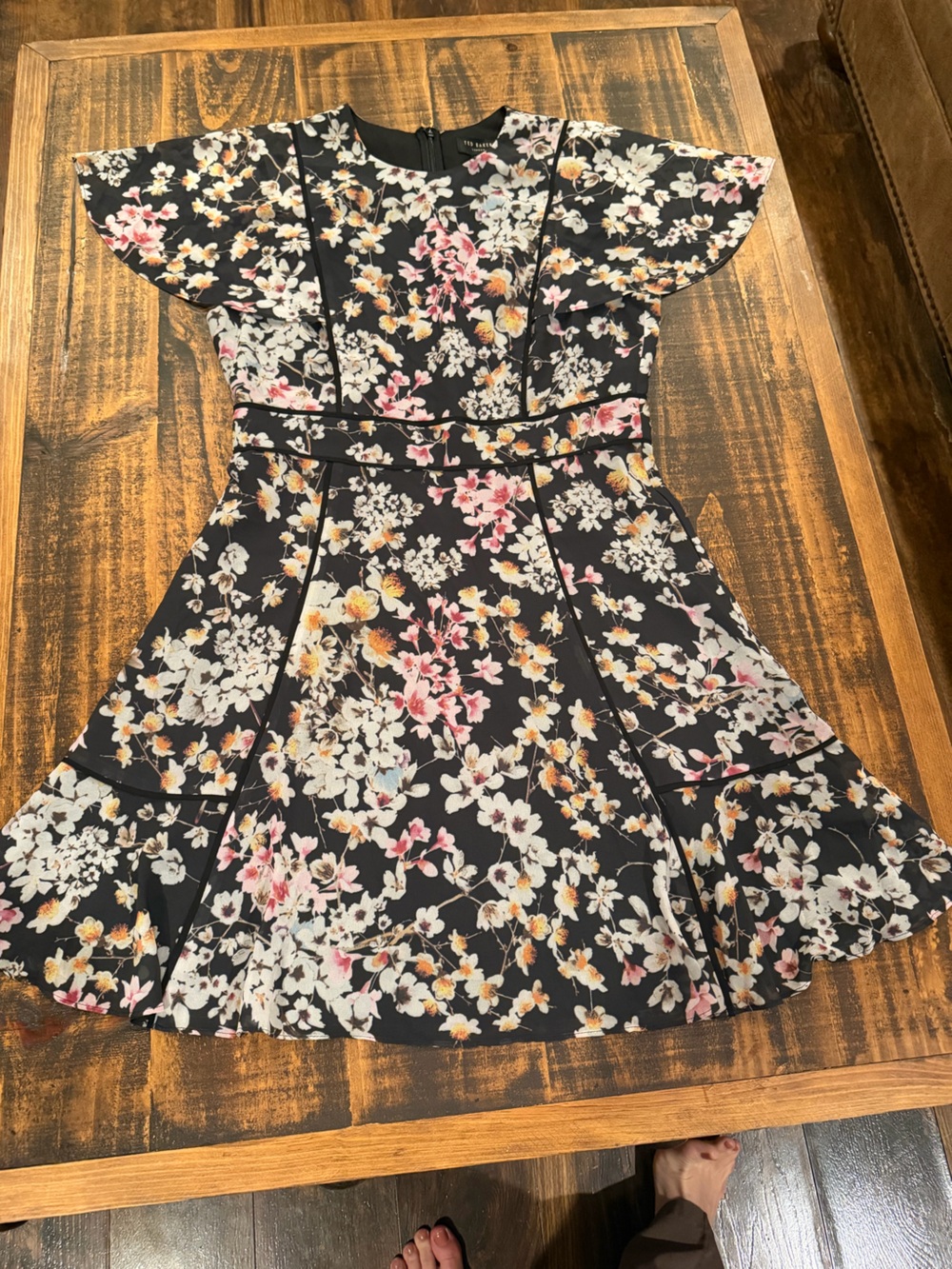 Ted Baker Black Floral Flutter-Sleeve Mini Dress